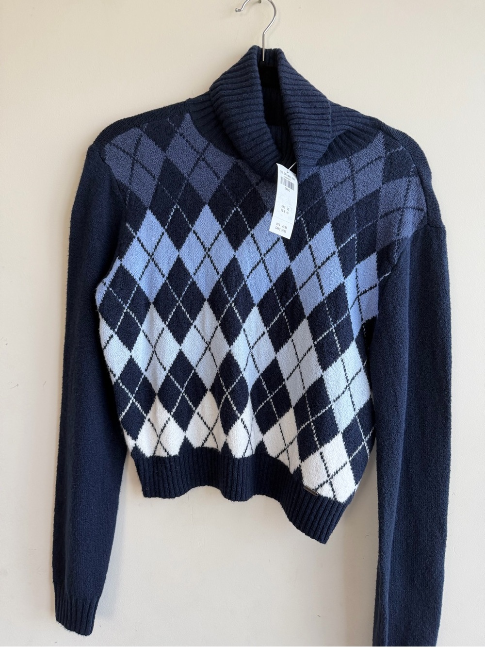 NWT Hollister Navy Argyle Shawl Collar Sweater